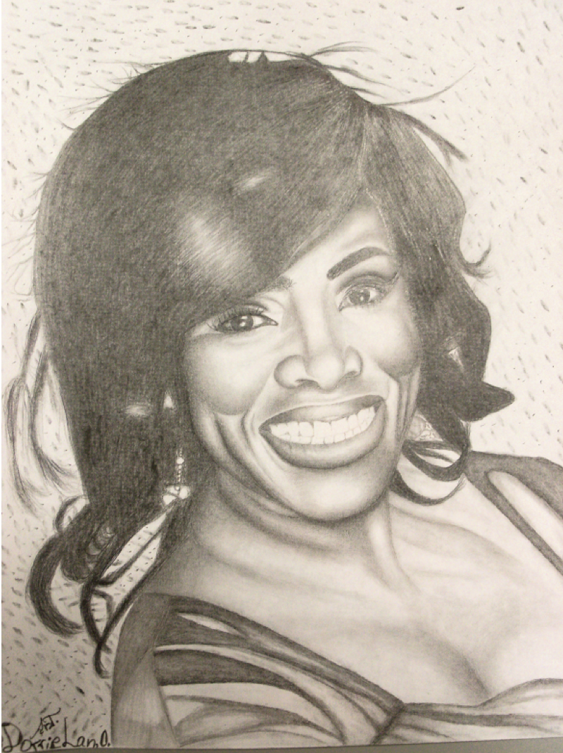 Inmate sketch of glamorous black woman.